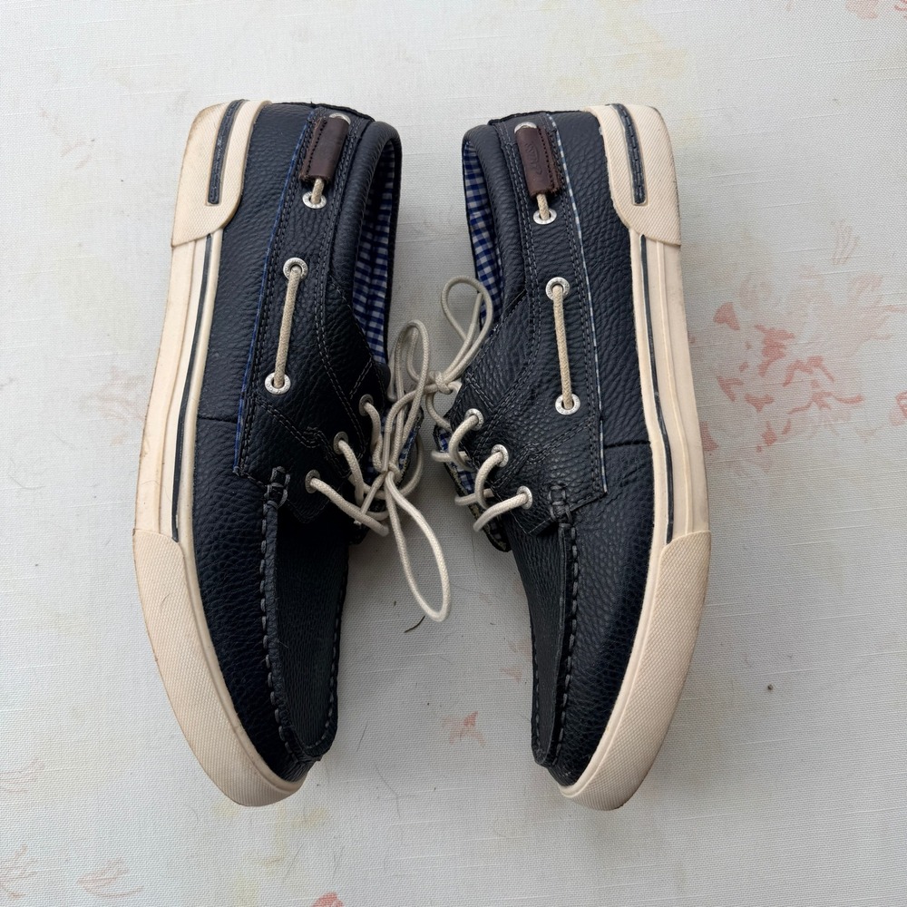GH Bass & Co Adam Men's Navy Grained Leather Boat Shoes Gingham Lining-Size 11.5 - Picture 3 of 12